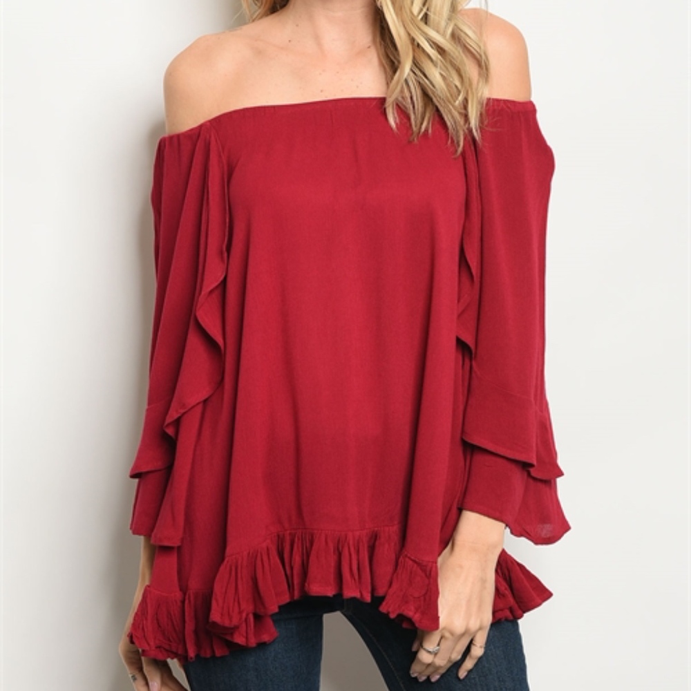 1 left! RED WINE OFF SHOULDER KNIT TUNIC TOP - Picture 2 of 8